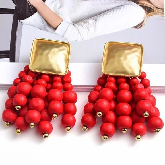 Jewelry - New Wooden, Exaggerated Red Earrings Oversize Beaded Earrings